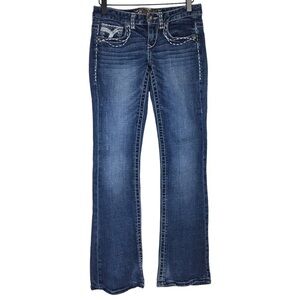 MAURICES Jeans Bootcut Embroidered Bling Flap Pockets Juniors Size 1/2 Regular